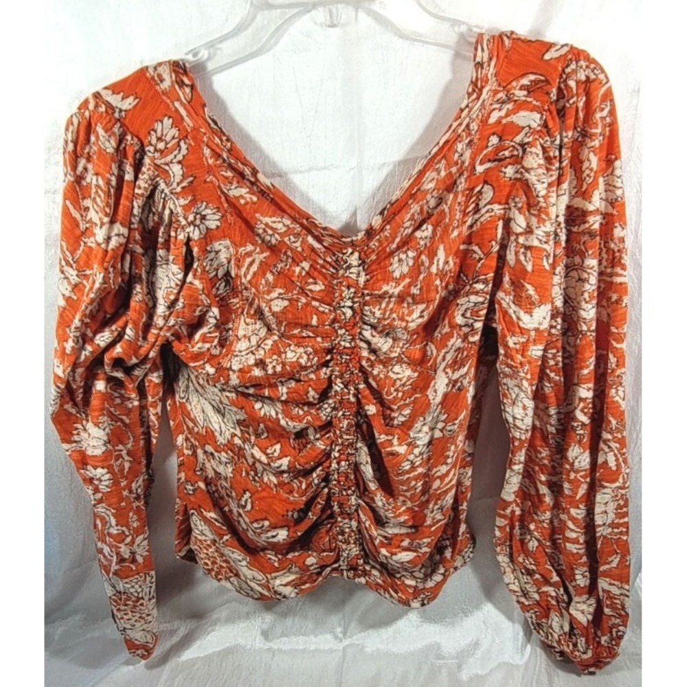 Free People Say The Word Floral V-Neck Long Sleeve Ruched Top - Orange - Medium - Picture 3 of 5